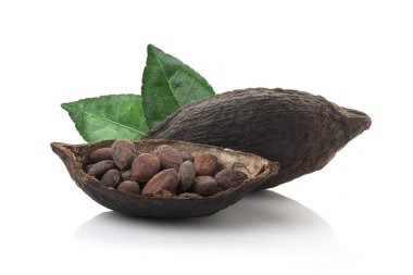 Kakao bakla ve kakao çekirdekleri ve izole yaprakları ile kakao tozu
