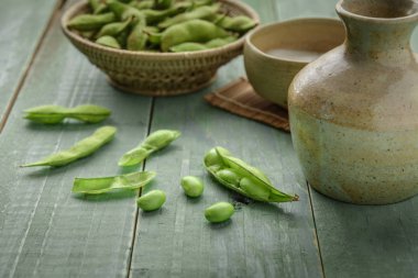 Yeşil Japon Soya masa ahşap ahşap ahşap kase