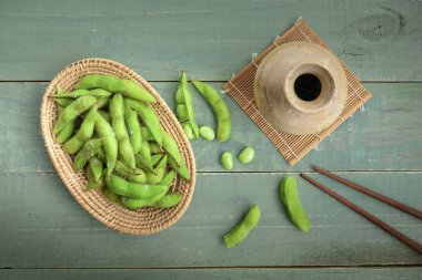 Yeşil Japon Soya masa ahşap ahşap ahşap kase