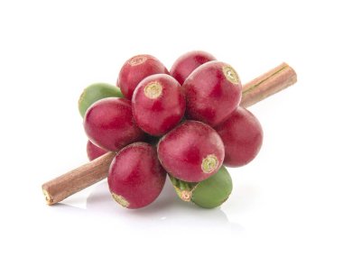 Beyaz arka planda yaprağı olan taze kahve çekirdekleri.