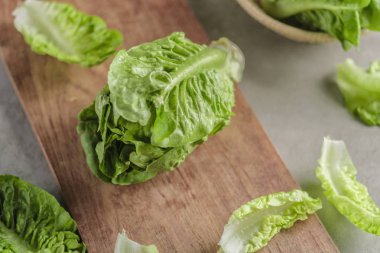 olgun organik yeşil salata Romano bir kesme tahtası üzerinde