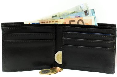 Euro banknot ve madeni paralar. Cüzdan para. Avrupa'nın ekonomisi