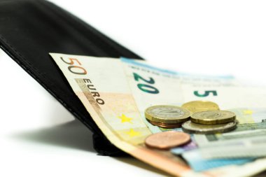 Euro banknot ve madeni paralar. Cüzdan para. Avrupa'nın ekonomisi