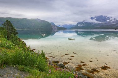 Sisli yaz gününde Norveç fiyort Indrefjorden ve Moeysalen Ulusal Parkı manzarası 