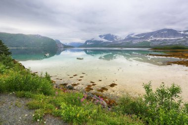 Norveç fiyort manzarası Indrefjorden iand Moeysalen Ulusal Parkı sisli yaz gününde 