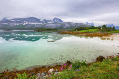 Norveç fiyort manzarası Indrefjorden iand Moeysalen Ulusal Parkı yaz sisli gününde 