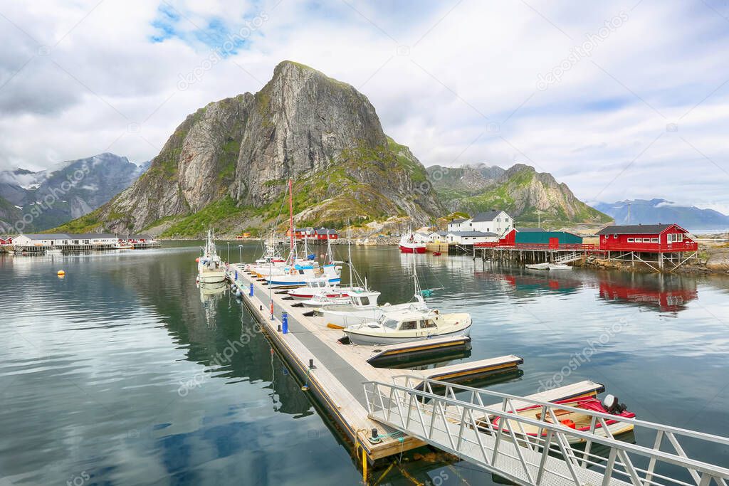 Marina in Hamnoeya located on the Lofoten islands, Norway 