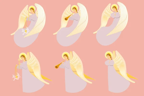 Набор Ангелов Ангел Молитве Ангел Свечой Кадильницей Ангел Трубкой Векторные — стоковый вектор