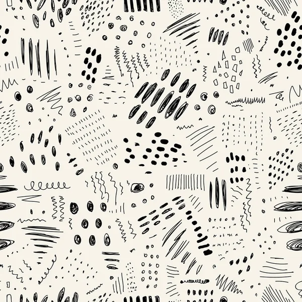 Abstraktní černobílý vzor bezešvé s čarami, skvrny a tečky. Vektor textury na bílém pozadí — Stockový vektor