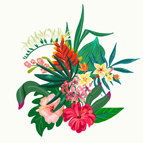 Vector verão natural vintage cartão de saudação exótica com folhas tropicais, flores, hibisco, orquídea. Ilustração botânica —  Vetores de Stock