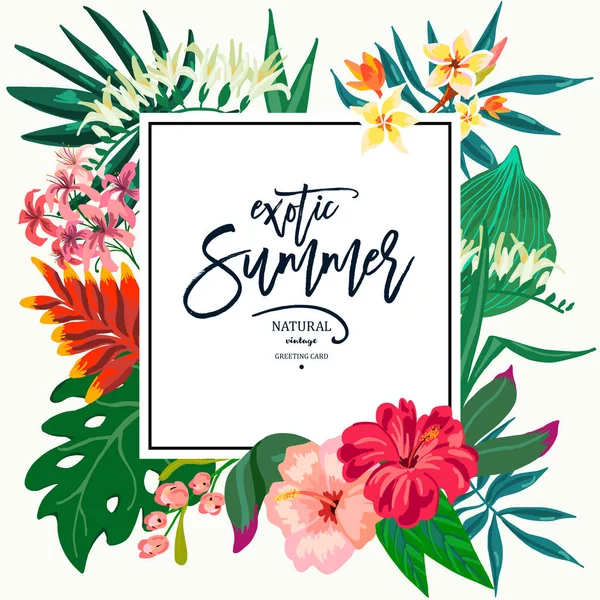 Διάνυσμα καλοκαίρι φυσικό vintage εξωτικά ευχετήρια κάρτα με λουλούδια, hibiscus, τροπικά φύλλα, ορχιδέα. Βοτανική εικονογράφηση — Διανυσματικό Αρχείο
