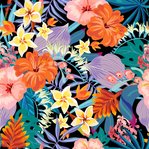 Wektor lato naturalny vintage egzotyczne wzór z tropical liści, liście, kwiaty, hibiscus, Orchidea. Ilustracja botaniczna — Wektor stockowy