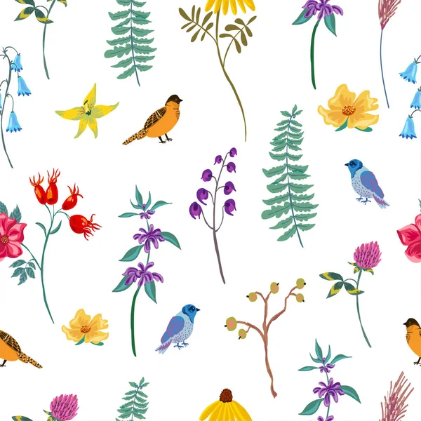 Fugl og blomster. Årgangsvektor sommersømløst mønster – stockvektor