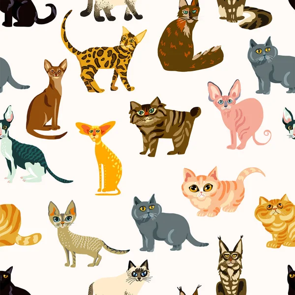 Dibujos animados gatos patrón sin costura, Ilustración razas de gatos — Vector de stock