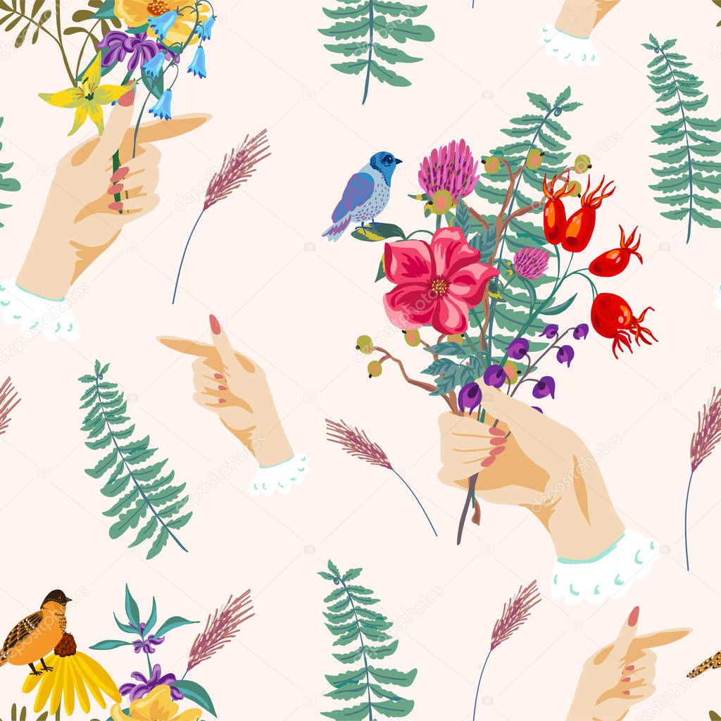 Hands and flowers. Vintage vector summer seamless pattern