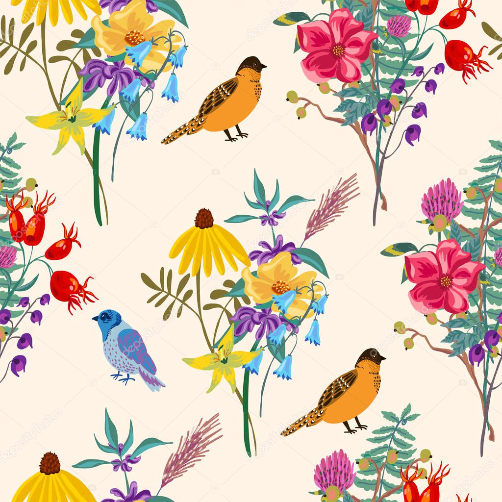 Bird and flowers. Vintage vector summer seamless pattern