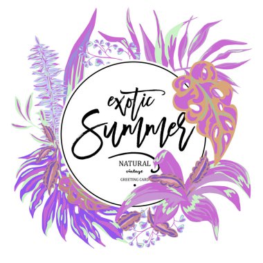 Vektör yaz tropikal yaprak, vintage egzotik tebrik kartı, doğal illüstrasyon kare yuvarlak beyaz arka plan üzerinde