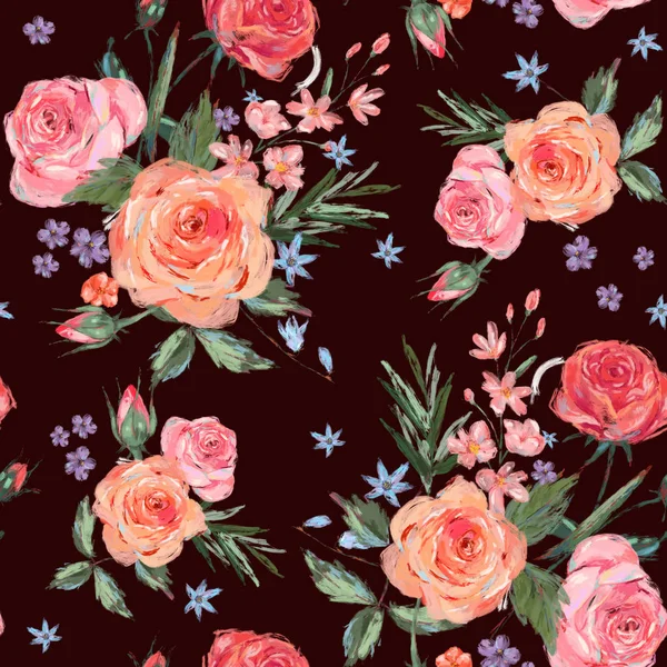 Vintage seamless pattern wuth pink roses leaves, blooming branches, flowers and wildflowers, botanical illustration on black background — Stock Image Vintage Seamless Pattern Wuth Pink Roses Leaves Blooming Branches Flowers Stock Image