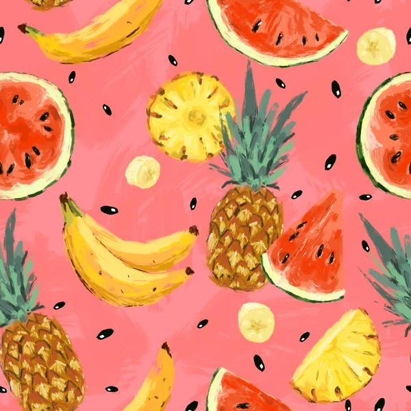 Naadloze Zomer Watermeloen Ananas Abstracte Patroon Digitale Kunst Voedsel Illustratie — Stockfoto