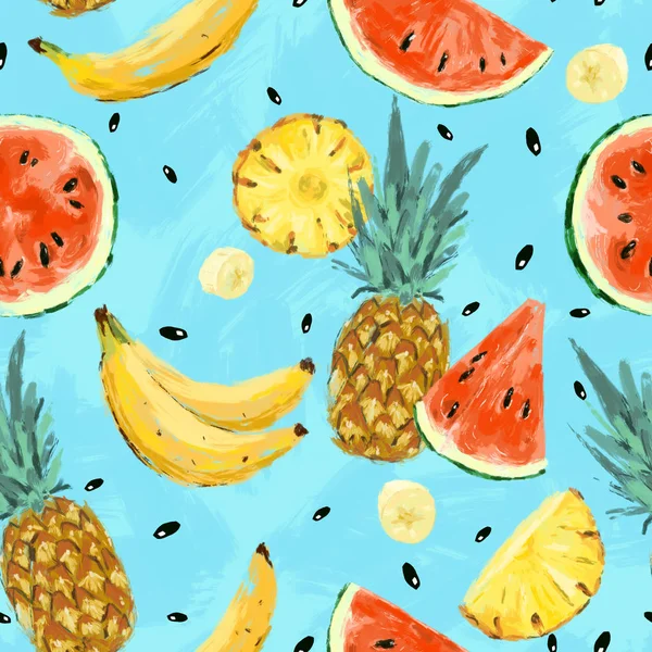 Naadloze Zomer Watermeloen Ananas Banaan Abstracte Patroon Digitale Kunst Voedsel — Stockfoto