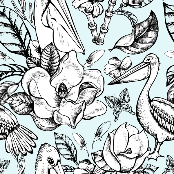 Vektor monohromen tropischen floralen nahtlosen Muster — Stockvektor