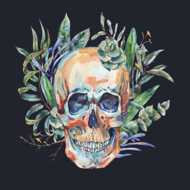 Suluboya kafatası ile yeşil tropikal yaprak ve succulents,