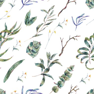 Sulu boya Dikişsiz desen yeşil tropikal yaprak ve succulents