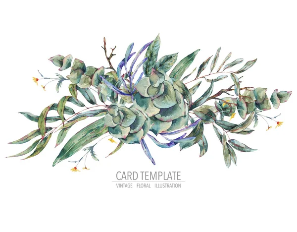 수채화 템플릿 카드 녹색 열 대의 잎 — 스톡 사진