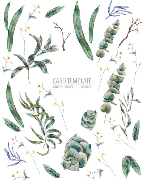 Aquarelle cadre vertical de feuilles tropicales vertes — Photo