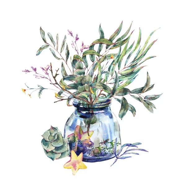 Aquarel glazen pot met boeket van groene bladeren — Stockfoto
