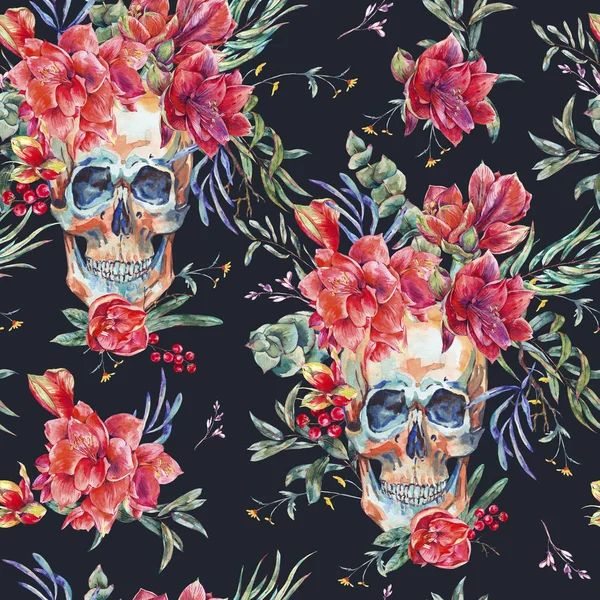 Akvarell sömlösa mönster med skallen, röda blomman Amaryllis — Stockfoto