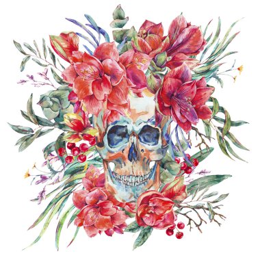 Suluboya kafatası ile kırmızı çiçek Amaryllis yeşil tropikal yaprak