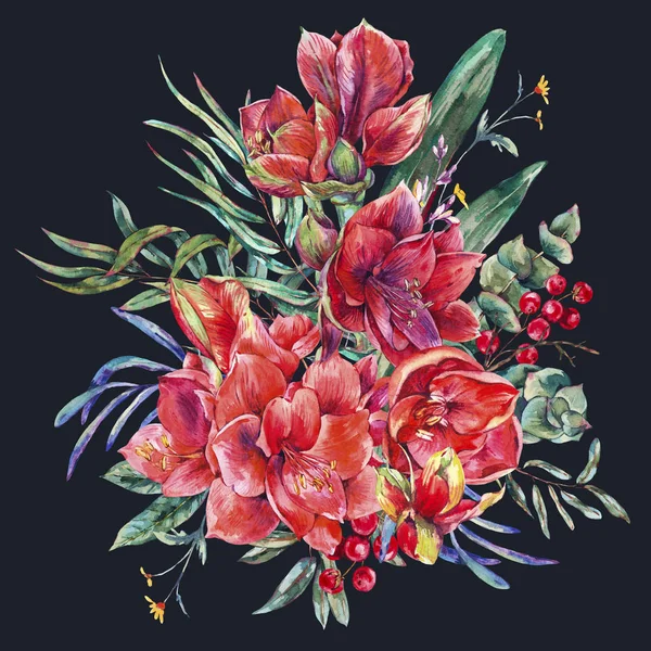 Cartão modelo floral aquarela de flores vermelhas, Amaryllis — Fotografia de Stock