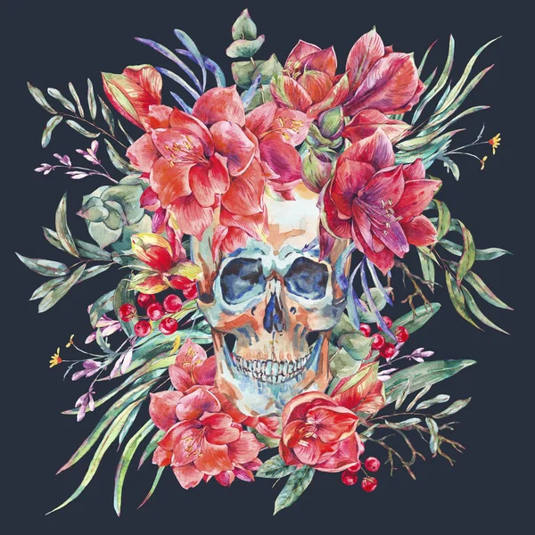 Watercolor skull with red flower Amaryllis, green tropical leaves — Stock Photo, Image