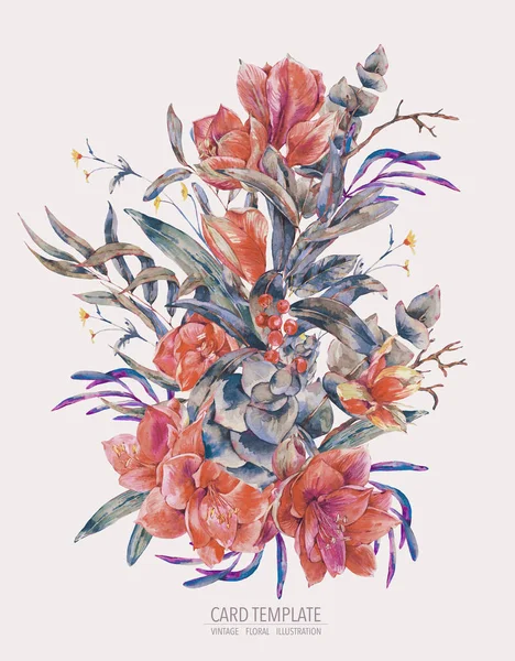 Akvarell blommig kort av röda blommor, Amaryllis — Stockfoto