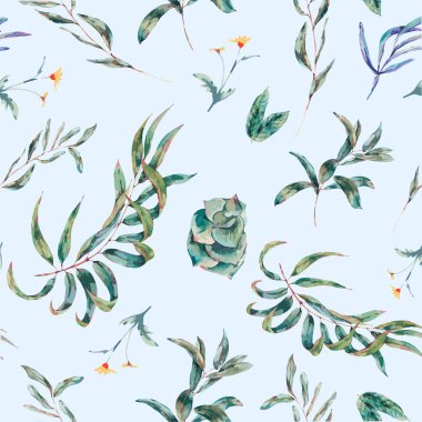 Vektör seamless modeli botanik doğal vintage illüstrasyon mavi zemin üzerine yeşil tropikal yaprak ve succulents,