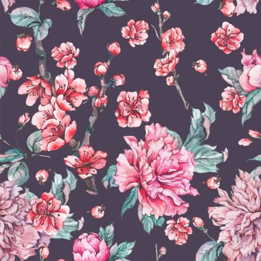 Vektör doğa seamless modeli, pembe çiçekler peonies çiçeklenme