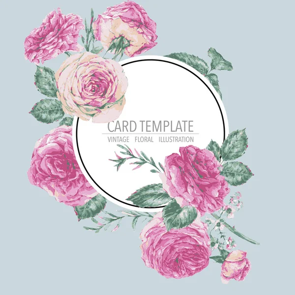 Tarjeta de felicitación floral vintage vectorial con rosas rosadas — Vector de stock