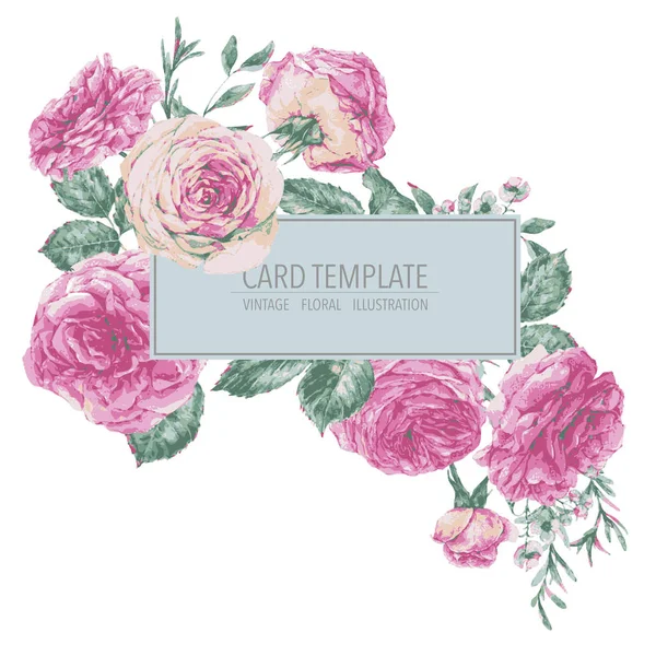 Vector vintage bloemen wenskaart met roze rozen — Stockvector