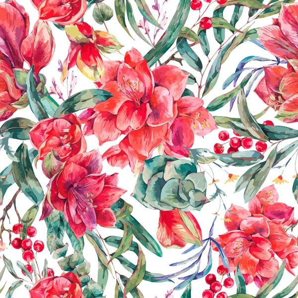 Patrón sin costura floral vectorial de flores rojas Amaryllis — Vector de stock