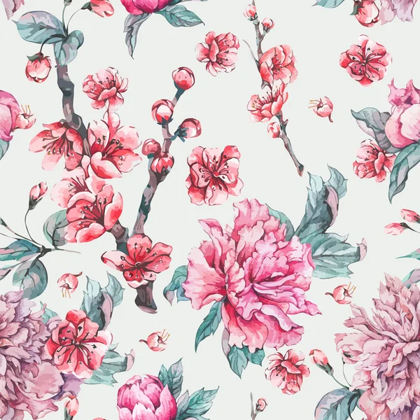 矢量自然无缝图案, 粉红色花朵盛开的牡丹花 — 图库矢量图片