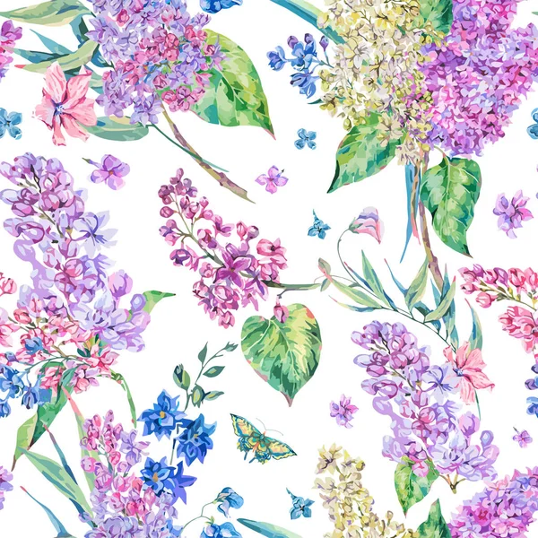 ピンク ライラックとヴィンテージ花柄シームレス パターン ベクトル — ストックベクタ