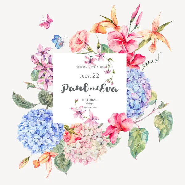 Tarjeta de felicitación floral vintage vectorial con hortensias, orquídeas — Vector de stock