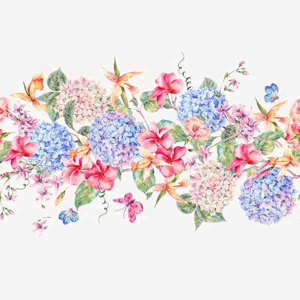 Tarjeta de felicitación floral vintage vectorial con hortensias, orquídeas — Vector de stock