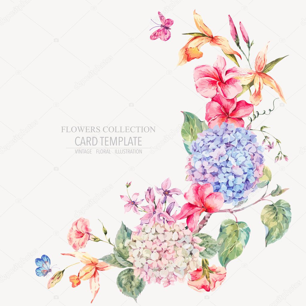 Vector vintage floral greeting card with hydrangeas, orchids