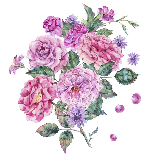 Aquarelle vintage décorative roses roses Illustration botanique colorée — Photo