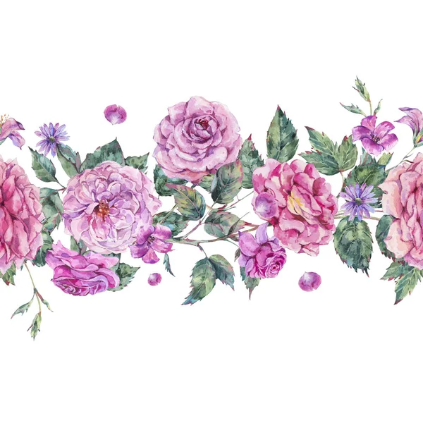 Aquarell dekorative Vintage rosa Rosen nahtlose Bordüre — Stockfoto