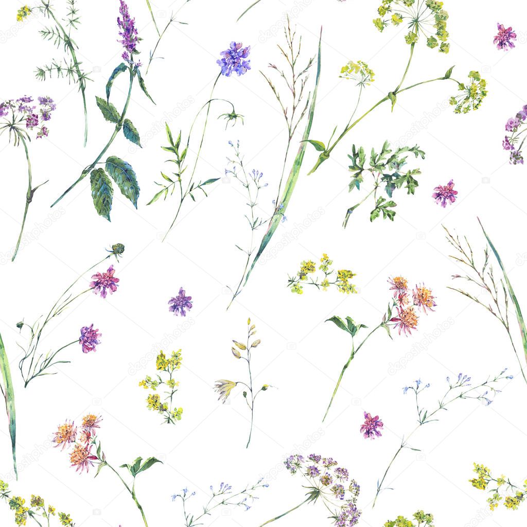 Watercolor summer wildflowers seamless pattern