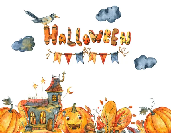 Watercolor Halloween illustration, Black old house, Pumpkin — Stock Photo, Image