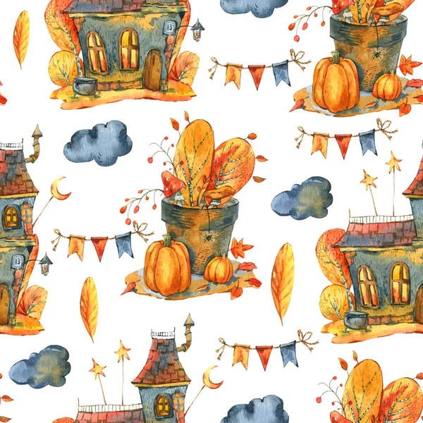 Watercolor Halloween seamless pattern, Black old house, Pumpkin — Stock Photo, Image